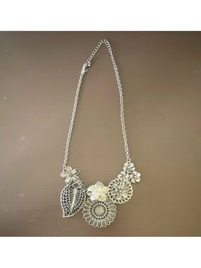 Silver Tone Statement Necklace Floral Leaf Charms Cable Chain Lobster Clasp